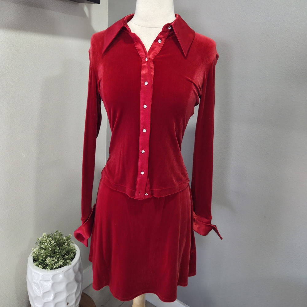 Y2k BCBG Paris Red Velvet Long Sleeve Set